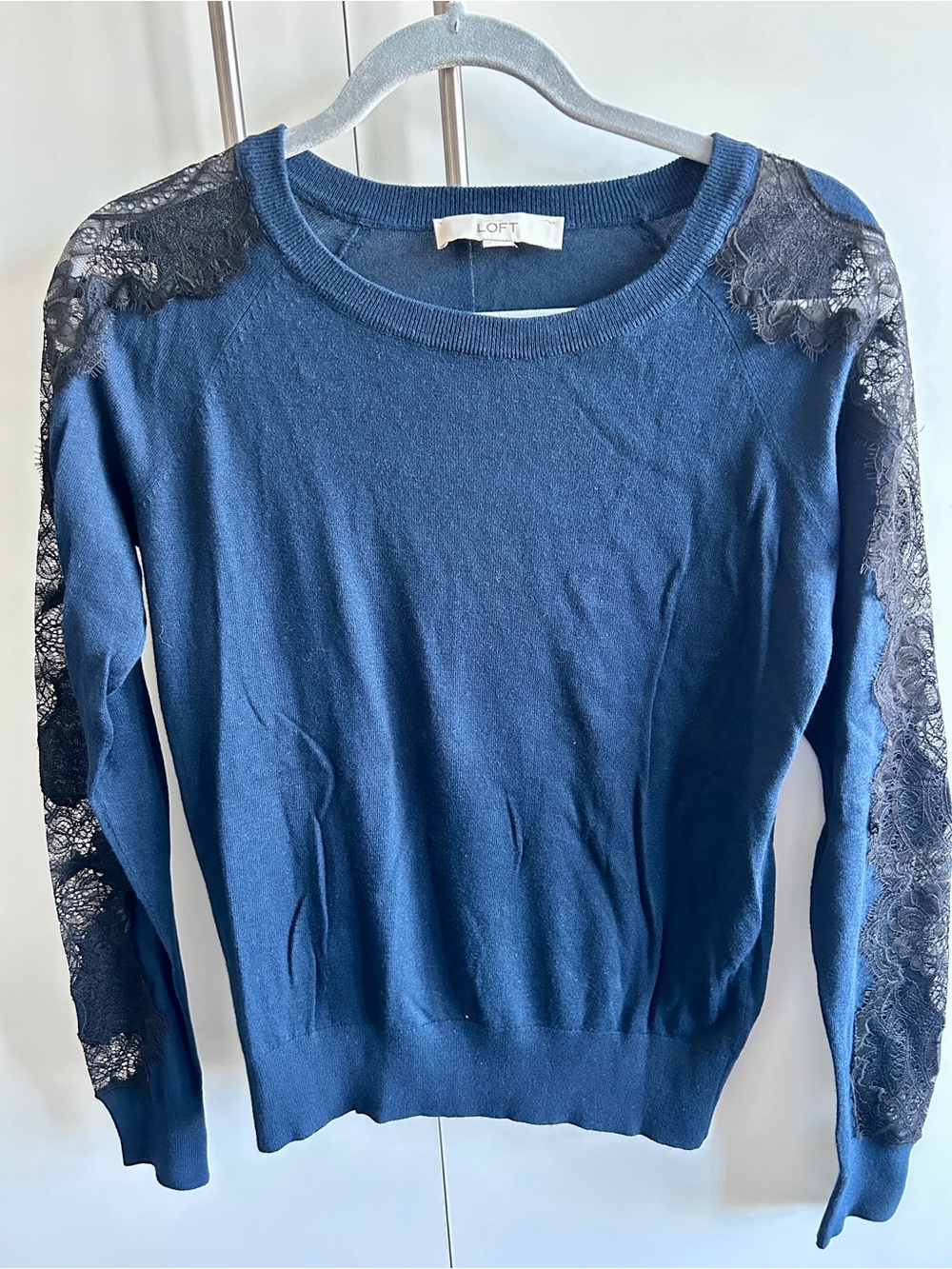 LOFT black Crewneck Sweater with Black Lace Shoulder & Sleeve Panels